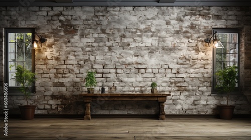 grey brick wall background, wooden table with plants © areefa