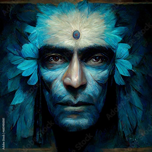 an indian face blue eyes looking to the siide surrounding his portrait is a wreath of light blue feathers and dark blue translucent surrealsm with tubes  photo