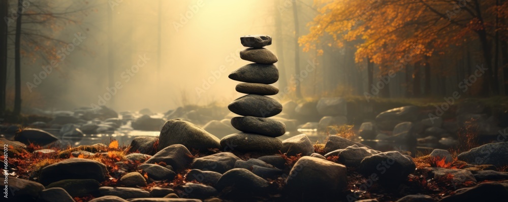 tower of zen stones in autumn forest on sunny day - obrazy, fototapety, plakaty 