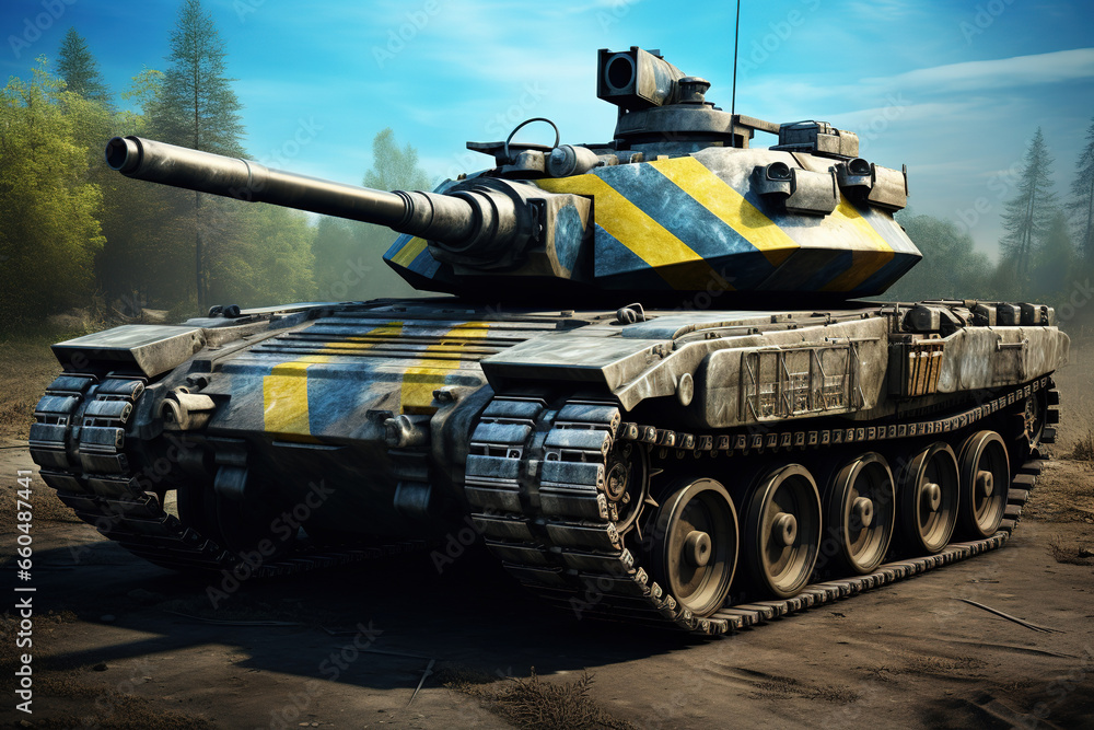 Battle tank, Ukraine flag. Military heavy vehicle. Army equipment for war and defense Battle tank, Ukraine flag. Military heavy vehicle. Army equipment for war and defense