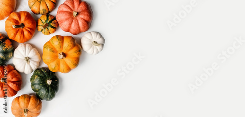 Colorful seasonal pumpkins on light colored background. Halloween and Thanksgiving concept. Top view  banner  space for text. Generative AI.