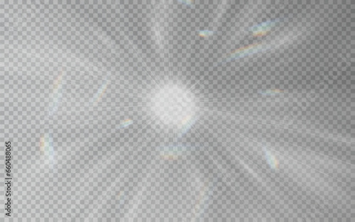 Vector rainbow crystal lights png. Light effect of a diamond explosion with glare. Rainbow flare, gently floating in the rays of light. Rainbow bunnies display in the sunlight.	
