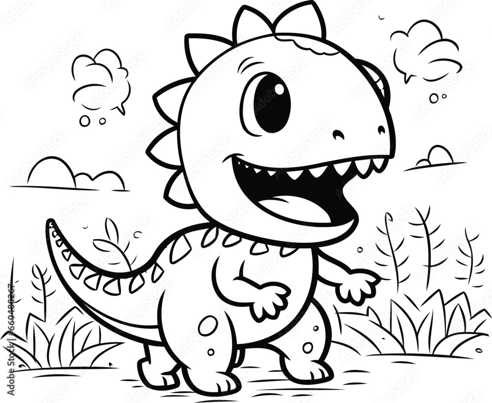 Cute cartoon tyrannosaurus rex. Vector illustration for coloring book