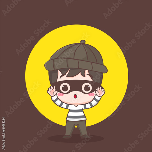 Cute thief caught hands up or give up cartoon character. Robber concept design isolated background. Adorable chibi vector art illustration.