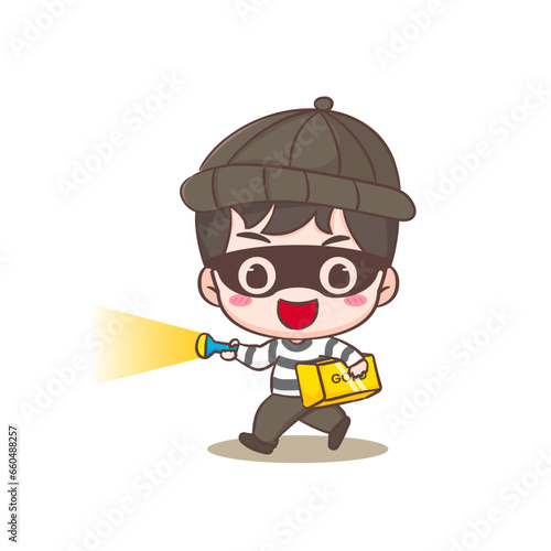 Cute thief stealing gold holding flashlight cartoon character. Robber concept design isolated background. Adorable chibi vector art illustration.