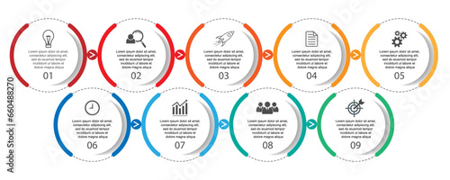 infographic template design, minimalist concept, interconnected circles with 9 steps, lines and colors in each step, good for your business presentation