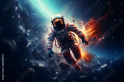 Abstract futuristic illustration of astronaut flying in interstellar space. Creative fantasy view of cosmonaut in spacesuit with a helmet. Galactic discovery and explore 