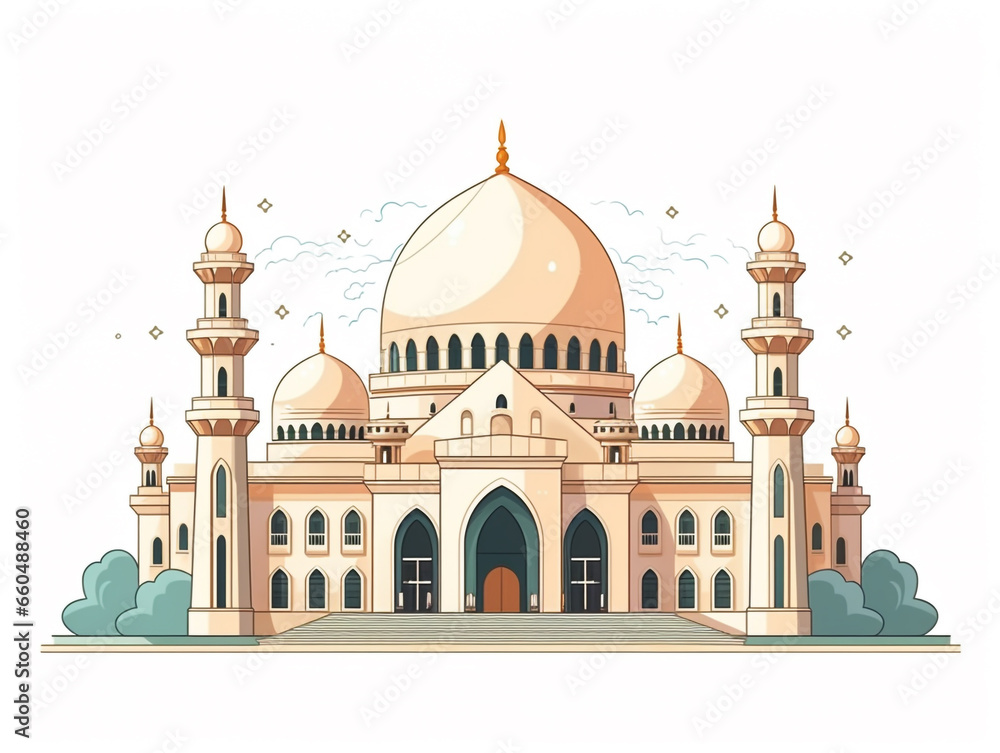 A medium-sized mosque with a main dome and several minarets. Front elevation view. 2D flat illustration image.