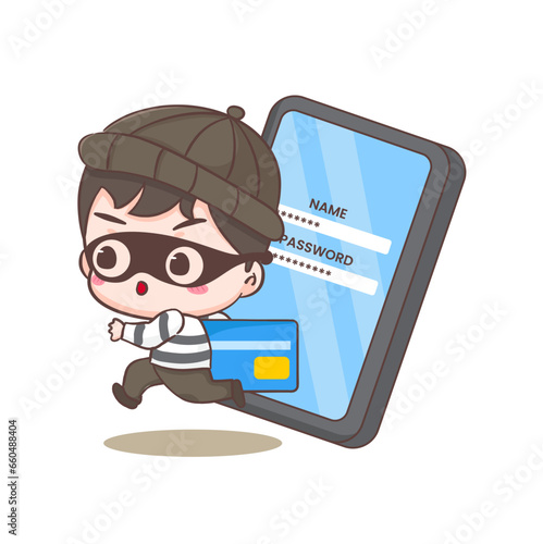 Cute cyber criminals hack and steal credit card information cartoon character. Robber concept design isolated background. Adorable chibi vector art illustration.