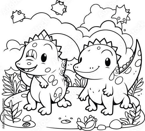 Cute dinosaurs couple coloring book vector illustration. Cartoon stegosaurus.