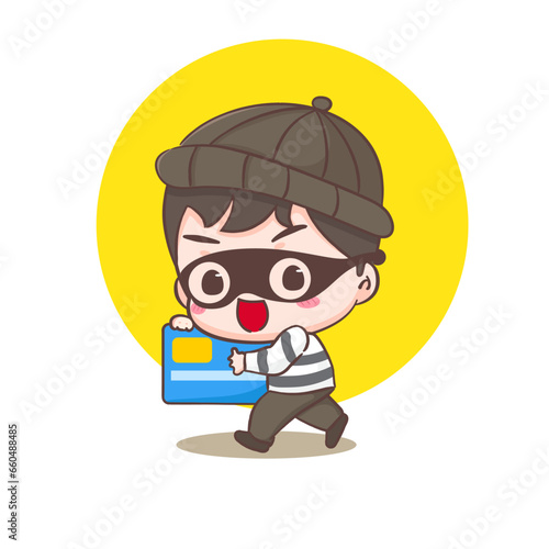 Cute cyber criminals hack and steal credit card information cartoon character. Robber concept design isolated background. Adorable chibi vector art illustration.