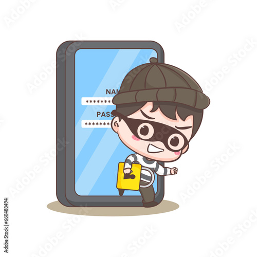 Cute cyber criminals hack and steal account information cartoon character. Robber concept design isolated background. Adorable chibi vector art illustration.