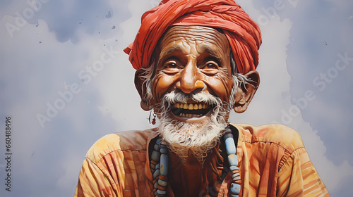 Portrait of an old Indian man. Smiling old man in national clothes. India. Watercolor illustration