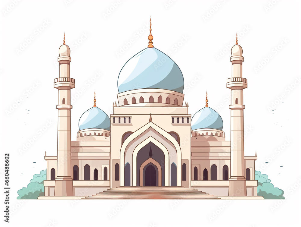 Fototapeta premium A medium-sized mosque with a main dome and several minarets. Front elevation view. 2D flat illustration image.