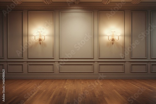 A vacant room  featuring two wall lamps  a central window  and a wooden floor. Generative AI