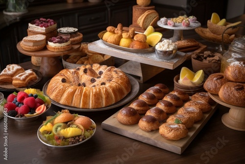 A tempting display of pastries on a wooden table, including croissants, fruit tarts, and macarons, inviting indulgence. Generative AI