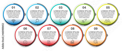 infographic template design, minimalist concept, interconnected circles with 9 steps, lines and colors in each step, good for your business presentation