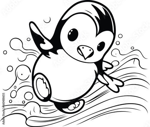 Fototapeta Naklejka Na Ścianę i Meble -  Cute penguin jumping on a wave. Black and white vector illustration.