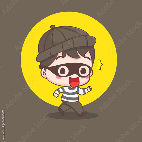Cute thief run away cartoon character. Robber concept design isolated background. Adorable chibi vector art illustration.