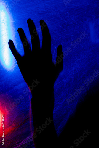 Fototapeta Naklejka Na Ścianę i Meble -  Arms of woman pressing against curtain. silhouette woman behind blue light poses mysteriously and artistically