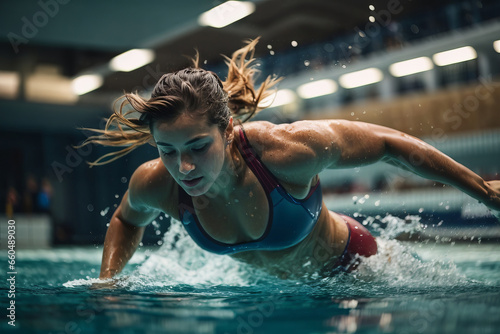 A female swimmer wearing a blue swimsuit swims in the pool, participates in competitions.