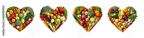Collection of set Heart shape made of different vegetables isolated on transparent background. PNG file, cut out