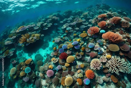 Create an aerial view of a vibrant, multi-colored coral reef in the middle of a pristine ocean