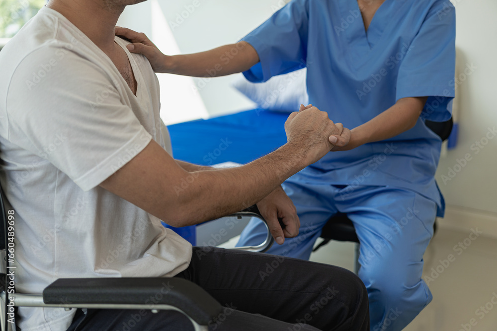 A doctor or physical therapist works to determine arm treatment, muscle stretching and exercises, doing pain therapy, rehabilitation, effectiveness in the clinic. Close-up pictures