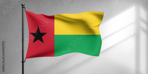 Guinea-Bissau national flag cloth fabric waving on beautiful sky Background.