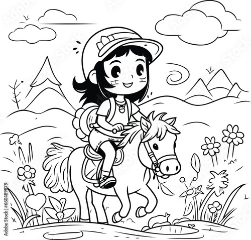 Girl riding a horse in the meadow. Black and white vector illustration