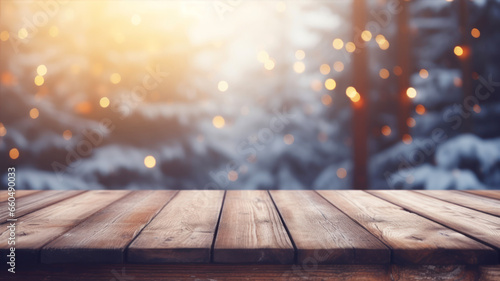 Wooden table background with bokeh lights. Christmas and New Year concept.