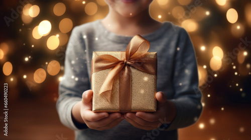 A gift in children's hands on a Christmas bokeh background