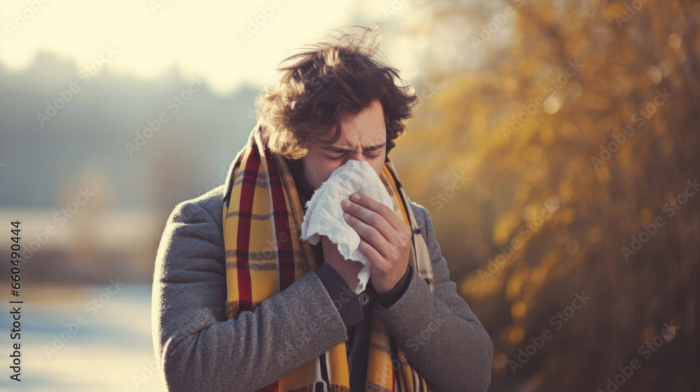Young man suffering from allergies or the flu blows his nose or sneezes into a handkerchief against the autumn park background - obrazy, fototapety, plakaty 