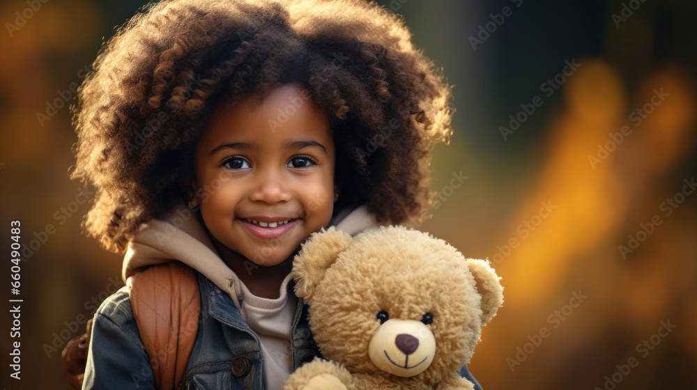 A cute little girl looks at the camera, smiles and play with toy bear A cute little girl looks at the camera, smiles and play with toy bear