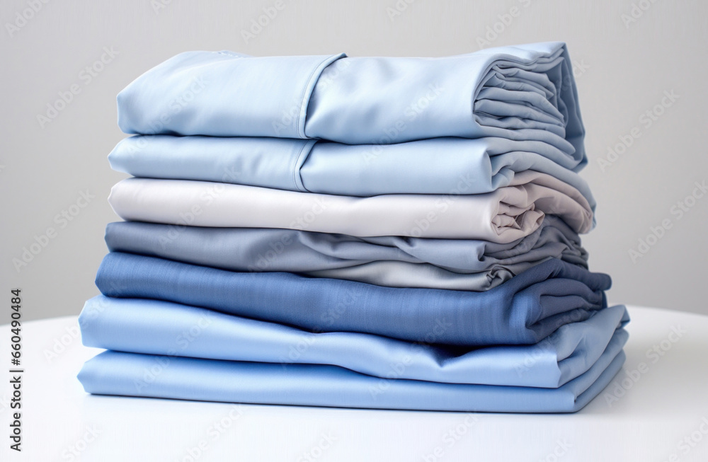 Folded clothes in stacks of various simple blue placed on a table on a light background Folded clothes in stacks of various simple blue placed on a table on a light background