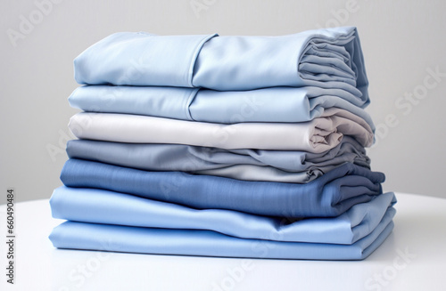 Folded clothes in stacks of various simple blue placed on a table on a light background