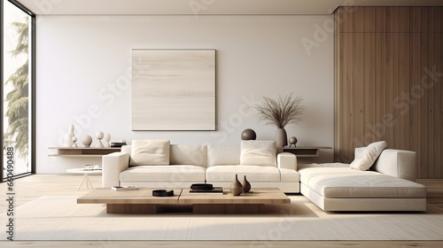 A minimalist living room bathed in light hues  where modern aesthetics meet simplicity  creating a serene and stylish space. Generative AI.