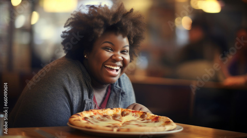 Happy woman in restaurant or cafe with pizza