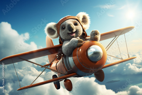 Cute koala animal flying by plane in the sky 3d rendering photo