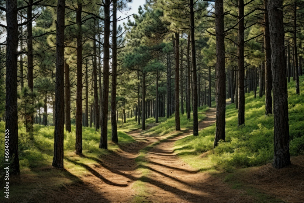 Fototapeta premium Serene pine forest landscape with winding path, dappled sunlight, and vibrant foliage.