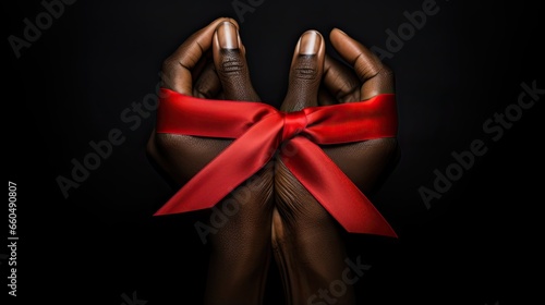 Close up of female hands with red ribbon and bow on black background