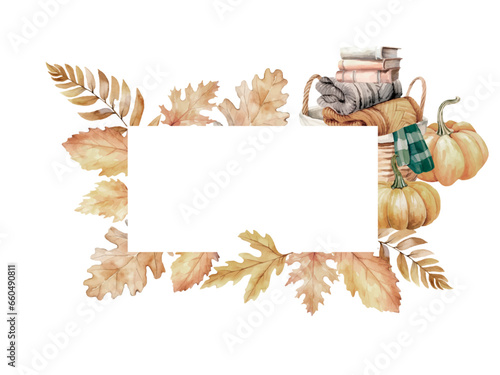 Watercolor vector hand painted nature autumn plants rectangular border frame with fall laves on branch, decorated rustic basket with sweaters, books, scarf, pumpkin. Template with space for text.