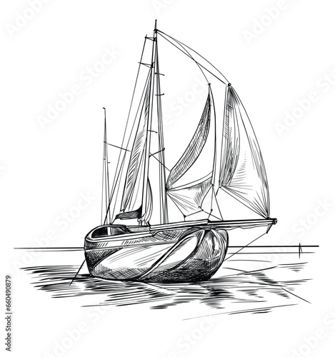 boat ink drawn yacht hand sketch illustration outline stock vector illustration