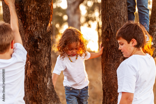 Aboriginal kids playing in tree at sunset photo