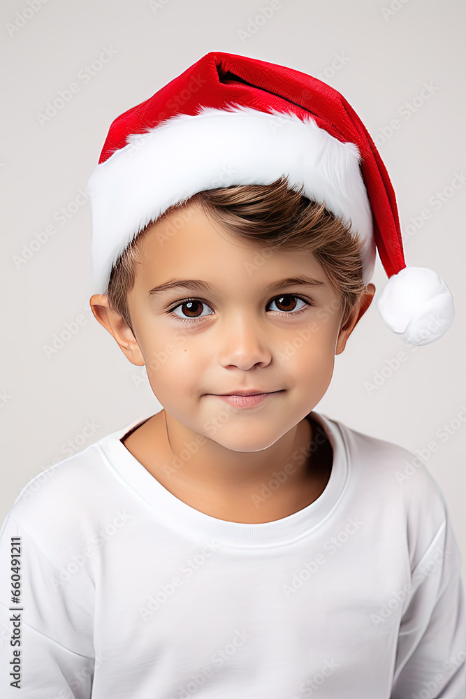 Portrait of cute little boy celebrating Christmas wearing Santa Claus hat on white background Portrait of cute little boy celebrating Christmas wearing Santa Claus hat on white background