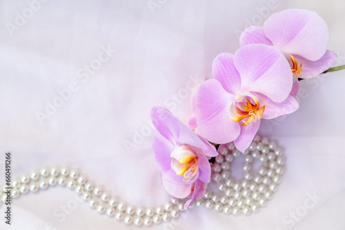 Fototapeta Naklejka Na Ścianę i Meble -  The branch of purple orchids on white fabric background