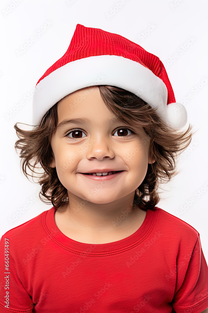Portrait of cute little boy celebrating Christmas wearing Santa Claus hat on white background Portrait of cute little boy celebrating Christmas wearing Santa Claus hat on white background