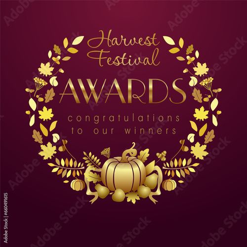 Awards logotype concept. Autumn award logo. Harvest festival prize creative design. Fall holiday reward. Medal element. Fruit market symbol. Isolated sign with golden pumpkins, acorns and leaves.