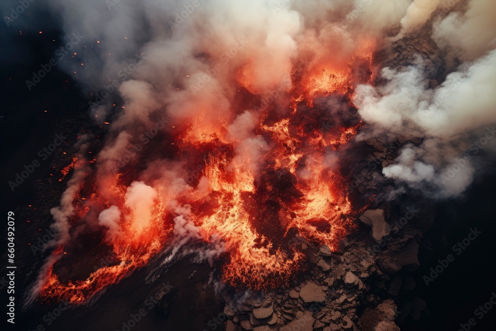 Aerial toxic smoke and fire volcanic eruption Iceland. Exploring wilderness. The lava lake inside the crater. An active volcano belches smoke and ash into the sky. The lava lake inside the crater