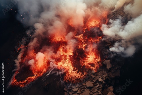 Aerial toxic smoke and fire volcanic eruption Iceland. Exploring wilderness. The lava lake inside the crater. An active volcano belches smoke and ash into the sky. The lava lake inside the crater